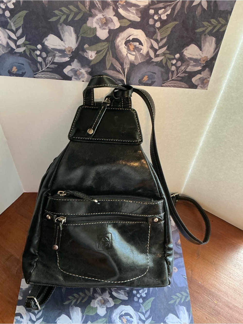 Giani Bernini Black Leather Backpack Sling Bag